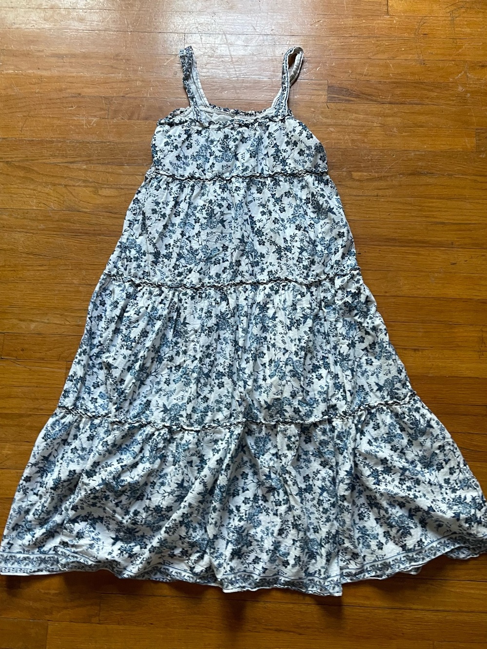 Max Studio S White/Blue Floral Smocked Ruffle Midi dress boho Cottagecore cotton